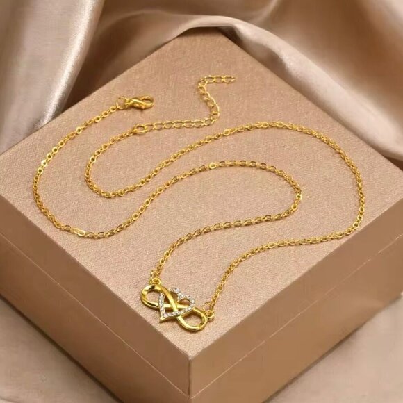 NEW Infinity Heart Pendant Necklace CZ Pave 14K Yellow Gold Plated Thin Chain - Picture 7 of 11